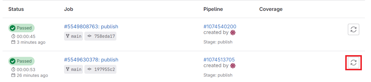 A list of the deployments of the production environment in GitLab with emphasize on the re-deploy button of the first deployment